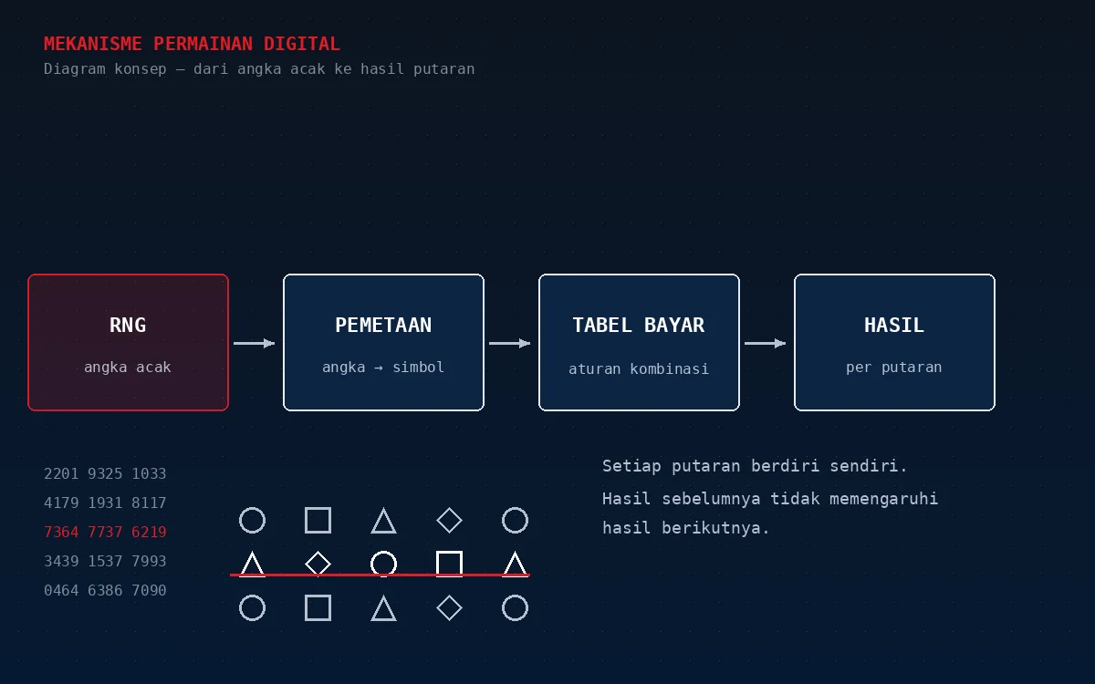 Diagram alur slot digital: RNG menghasilkan angka, angka dipetakan ke simbol, tabel bayar diperiksa, hasil putaran ditampilkan