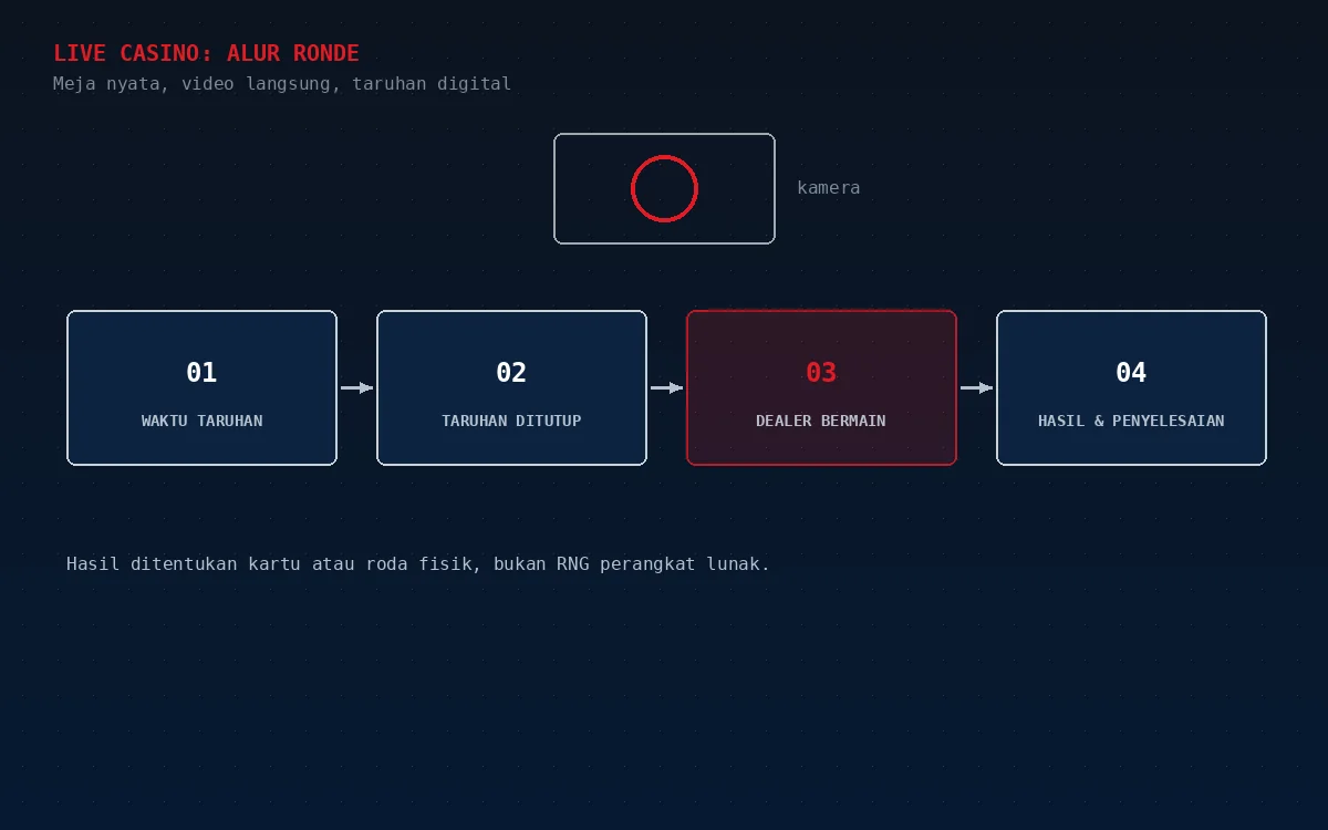 Diagram alur satu ronde live casino: waktu taruhan, taruhan ditutup, dealer bermain, hasil dan penyelesaian